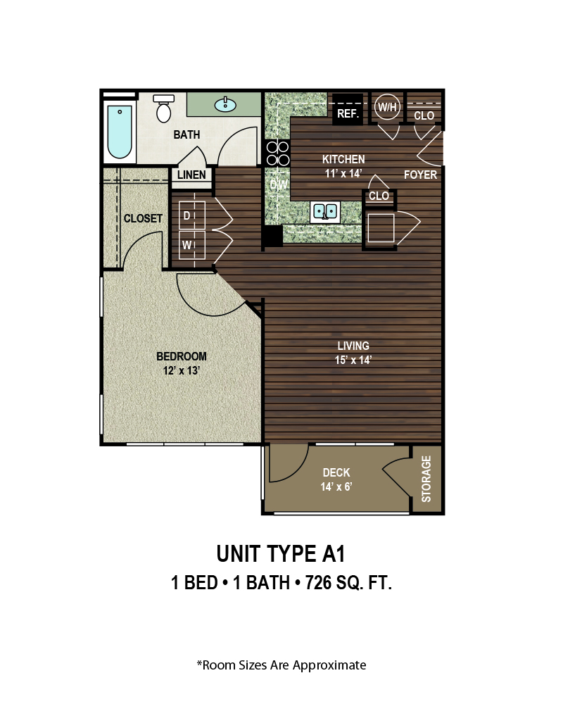 Floor plan for 1 bed, 1 bath, 726 sqft